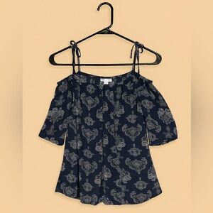 🌿 JW Style Navy Blue Paisley Cold-Shoulder Top (L)